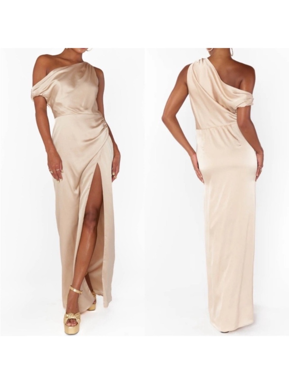 Show me you mumu Jodie One-Shoulder Champagne Evening Gown fabric snag flaw
